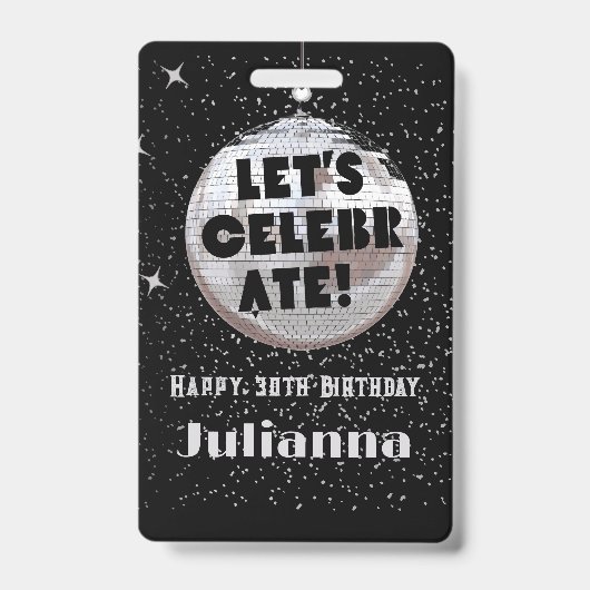 Feiern wir den Disco Ball Black Birthday VIP Ausweis (Vorderseite)