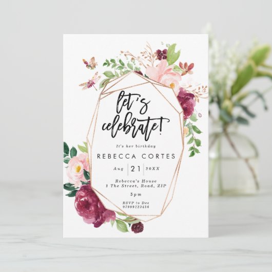 Feiern wir den geometrischen Blumengeburtstag Einladung (Stehend Vorderseite)