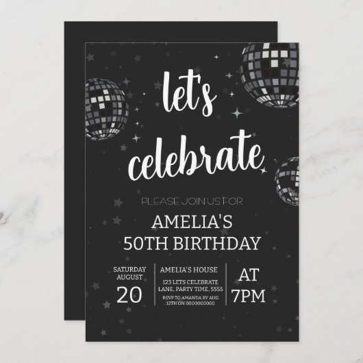 Feiern wir die Diskothek als Schwarz und Weiß Einladung (Vorne/Hinten)