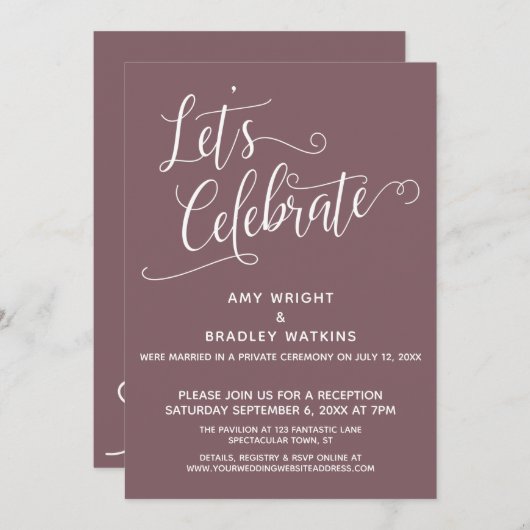Feiern wir Elegant Dark Mauve Empfang-Only Einladung (Vorne/Hinten)