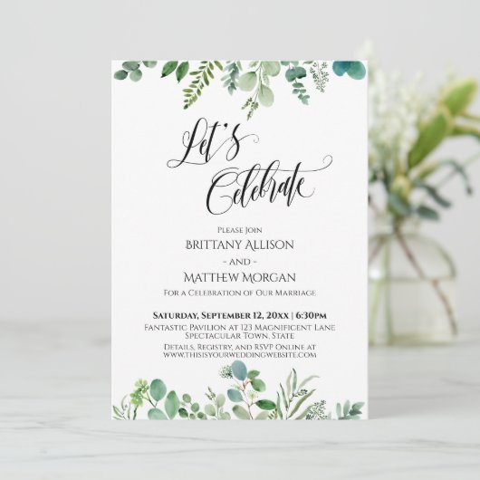 Feiern wir Eukalyptus Greenery Empfang Einladung (Stehend Vorderseite)