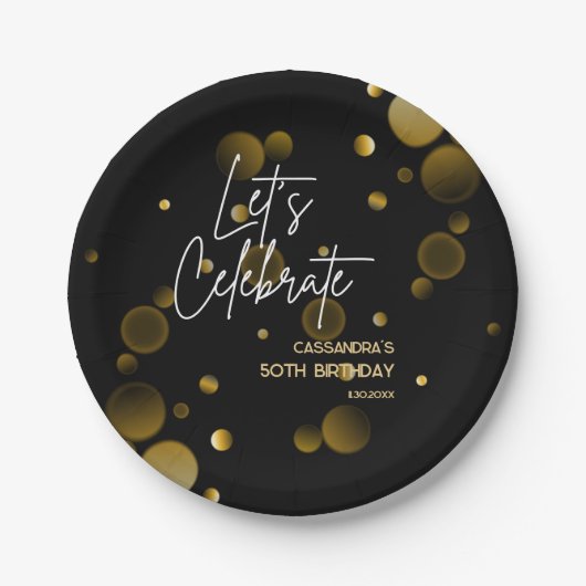 Feiern wir Gold Bokeh Gradient Black Birthday Pappteller (Vorderseite)