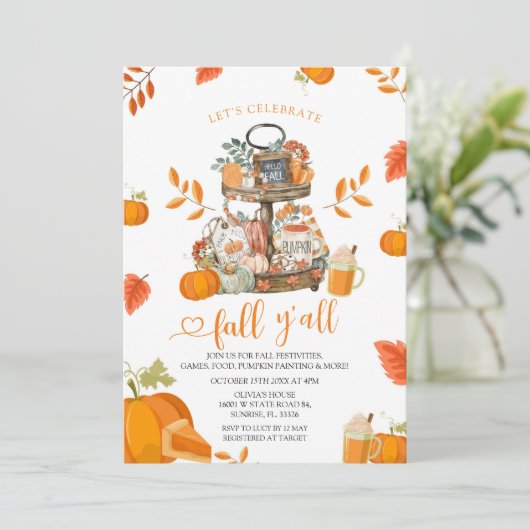 Feiern wir Herbst Y'all Orange Pumpkin Party Einladung (Stehend Vorderseite)