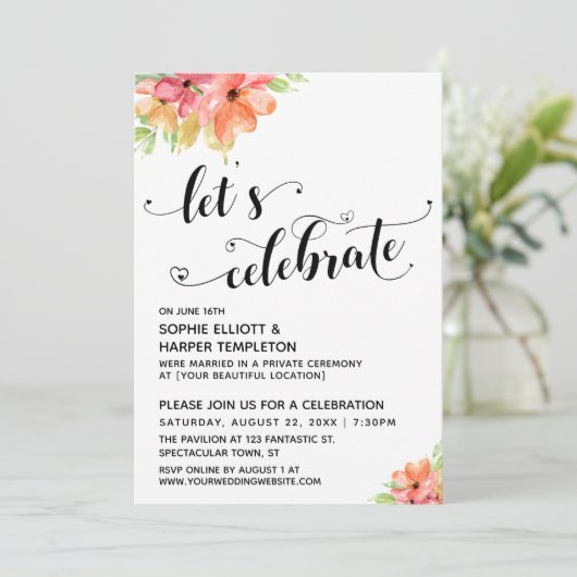 Feiern wir Herz-Schrift-Florals-Empfang Einladung (Stehend Vorderseite)