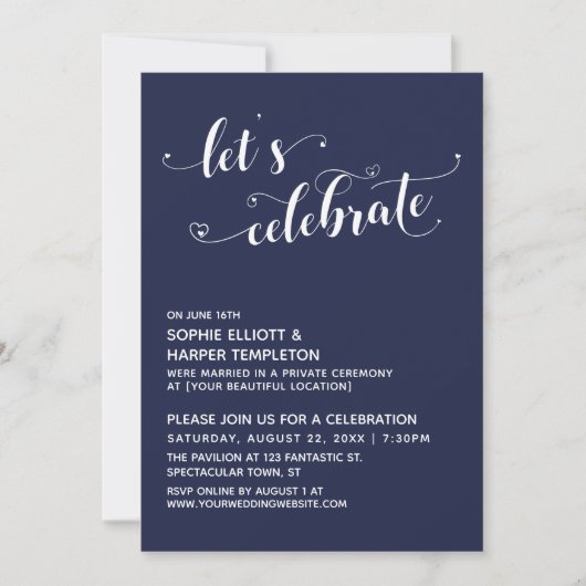 Feiern wir Herz-Schrift-Navy-Blue-Empfang Einladung (Vorderseite)