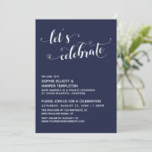 Feiern wir Herz-Schrift-Navy-Blue-Empfang Einladung (Stehend Vorderseite)