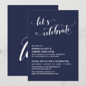 Feiern wir Herz-Schrift-Navy-Blue-Empfang Einladung (Vorne/Hinten)