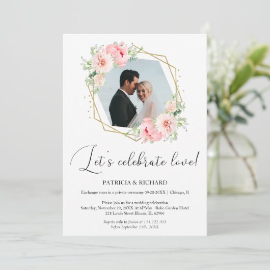 Feiern wir Liebe Eloped Wedding Reception Einladung (Stehend Vorderseite)