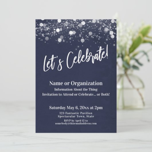 Feiern wir Navy Light Strings Multipurpose Einladung (Stehend Vorderseite)