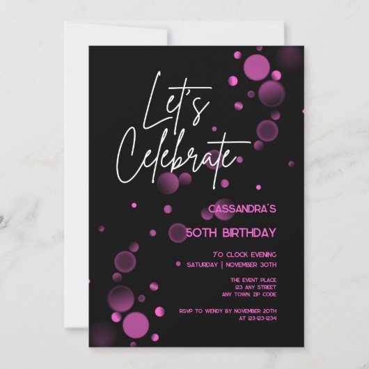 Feiern wir Pink Bokeh Gradient Black Birthday Einladung (Vorderseite)