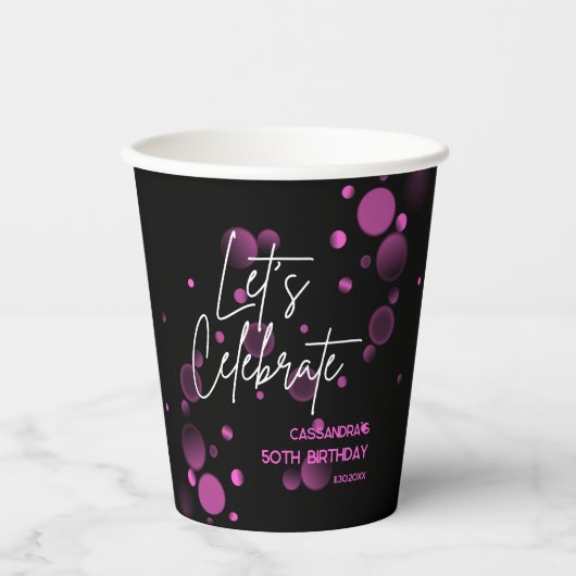 Feiern wir Pink Bokeh Gradient Black Birthday Pappbecher (Vorderseite)
