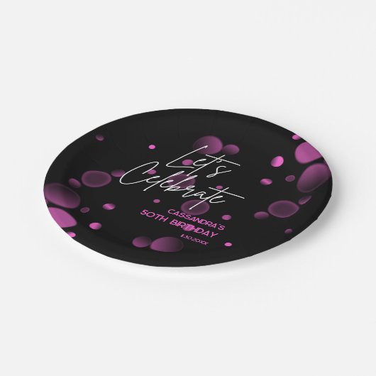 Feiern wir Pink Bokeh Gradient Black Birthday Pappteller (Schrägansicht)