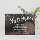 Feiern wir Rustikales Holzfass und Lichter Einladung (Stehend Vorderseite)