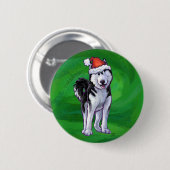 Feiernder Husky in Weihnachtsmannmütze auf Green Button (Vorne & Hinten)