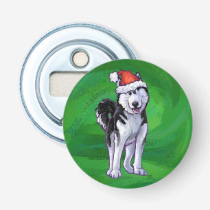 Feiernder Husky in Weihnachtsmannmütze auf Green Flaschenöffner