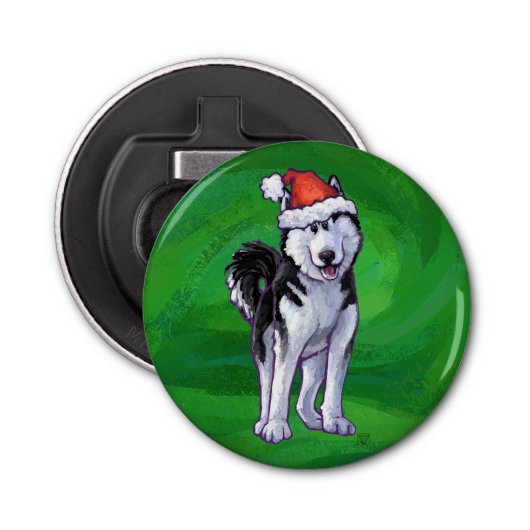Feiernder Husky in Weihnachtsmannmütze auf Green Flaschenöffner (Vorderseite)