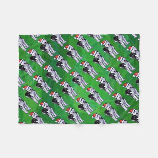 Feiernder Husky in Weihnachtsmannmütze auf Green Fleecedecke (Vorderseite (Horizontal))