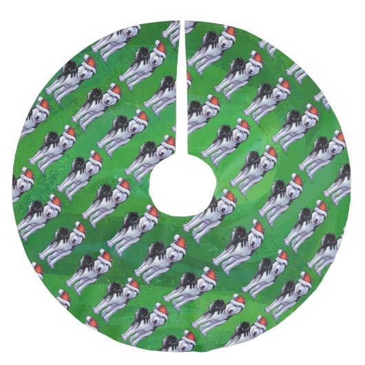 Feiernder Husky in Weihnachtsmannmütze auf Green Polyester Weihnachtsbaumdecke (Vorderseite)