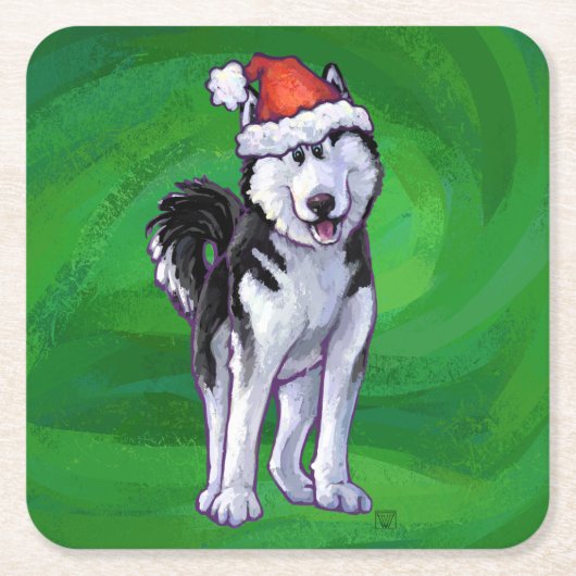 Feiernder Husky in Weihnachtsmannmütze auf Green Rechteckiger Pappuntersetzer (Vorderseite)