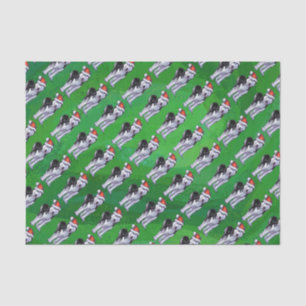 Feiernder Husky in Weihnachtsmannmütze auf Green Seidenpapier