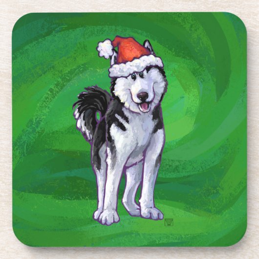 Feiernder Husky in Weihnachtsmannmütze auf Green Untersetzer (Vorderseite)