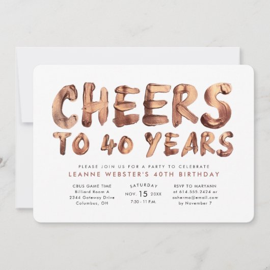 Feiert bis 40 Jahre Rose Gold zum 40. Einladung (Vorderseite)