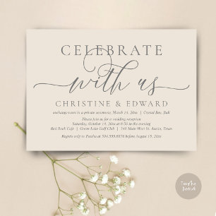 Feiert mit uns, Elopement-Party, Creme und Grau Einladung