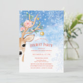 Feiertag Deer Holly Rose Schnee Blauer Blau Einladung (Stehend Vorderseite)