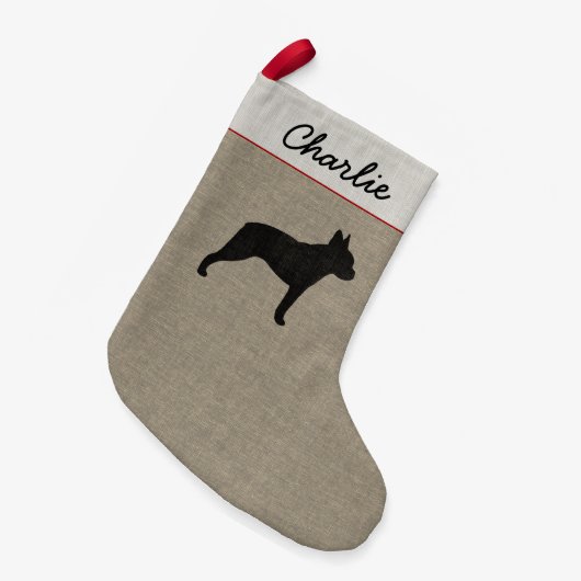 Feiertag des Boston-Terrier-Silhouette-der Kleiner Weihnachtsstrumpf (Vorderansicht (hängend))