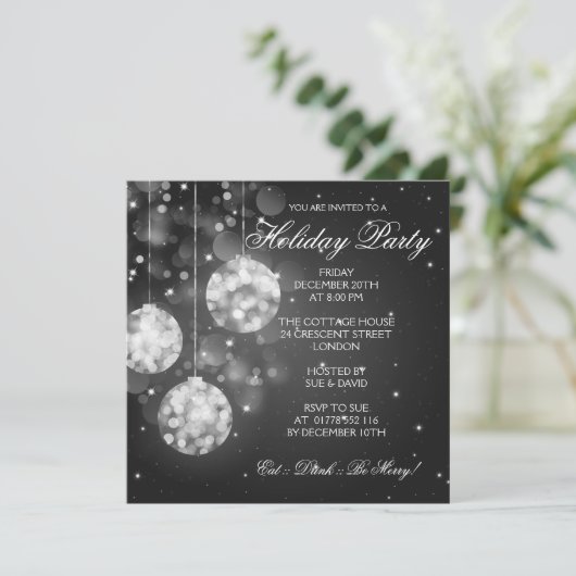 Feiertag Einladung Sparkling Baubles Schwarz (Stehend Vorderseite)