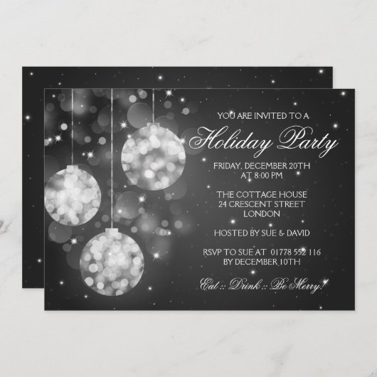 Feiertag Einladung Sparkling Baubles Schwarz (Vorne/Hinten)