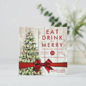 Feiertag | Moderner Baum, Lichter und rotes Band Einladung (Stehend Vorderseite)