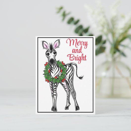 Feiertag Zebra | Rot grüne Weihnachtskranzkranke Postkarte (Stehend Vorderseite)