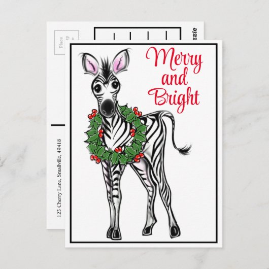Feiertag Zebra | Rot grüne Weihnachtskranzkranke Postkarte (Vorne/Hinten)