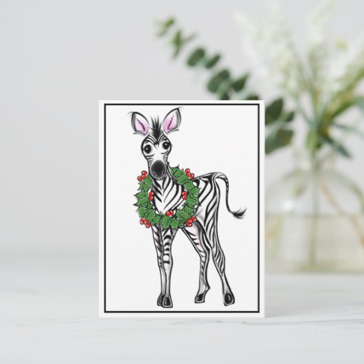 Feiertag Zebra | Rotgrüner Weihnachtskranz Postkarte (Stehend Vorderseite)