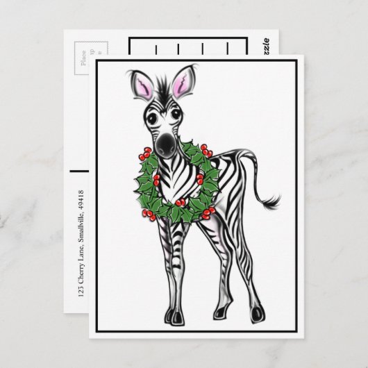 Feiertag Zebra | Rotgrüner Weihnachtskranz Postkarte (Vorne/Hinten)