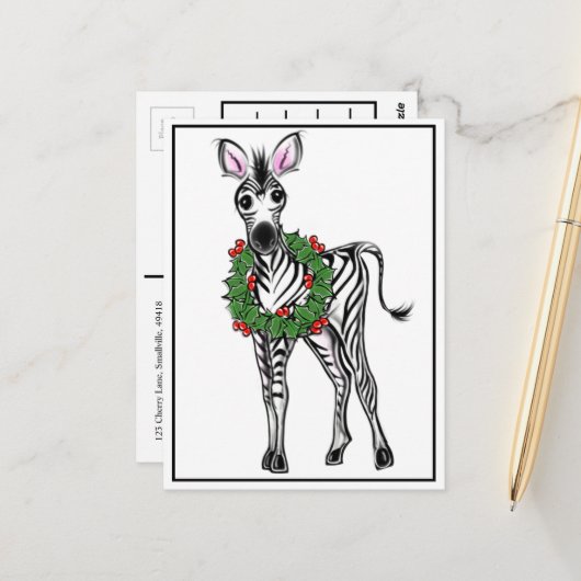 Feiertag Zebra | Rotgrüner Weihnachtskranz Postkarte (Vorderseite/Rückseite Beispiel)