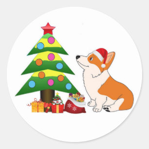 Feiertagcorgi-Cartoon mit Baum Runder Aufkleber