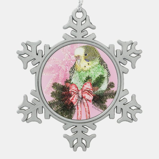 Feiertagparakeet-Verzierung Schneeflocken Zinn-Ornament (Vorderseite)