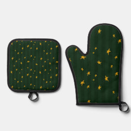 Feiertags Grün Gelb Streifen Stern Weihnachten  Ofenhandschuh & Topflappen-Set