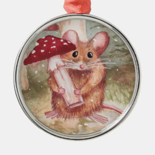 Feiertags-Maus und Pilz Silbernes Ornament