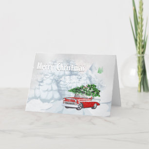 Feiertags-Oldtimer mit Schnee-Weihnachtsbäumen süß Feiertagskarte