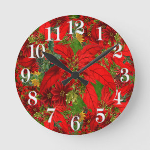 Feiertags-rote Poinsettia mit weißen Zahlen Runde Wanduhr