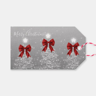 Feiertags-Silber-Weihnachtsbäume rote Schleifen Geschenkanhänger