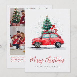 Feiertags-Wasserfarbe Rotes Auto Weihnachten Famil