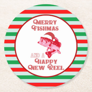 Feiertags-Weihnachtenlustige fischenFishmas Runder Pappuntersetzer