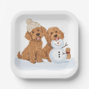 Feiertags-Winter-Goldendoodle-Hund-Schneemann Pappteller