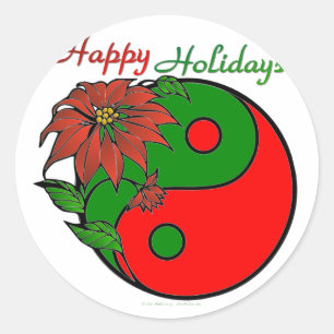 Feiertags Yin Yang Poinsettie Grün Rot Runder Aufkleber