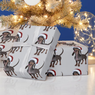 Feiertagsbereiter Dachshund-Sausage-Hund mit Santa Geschenkpapier