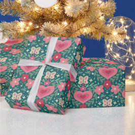 Feiertagsherzen & Blumen – Sanftes Rot, Grün & Gol Geschenkpapier